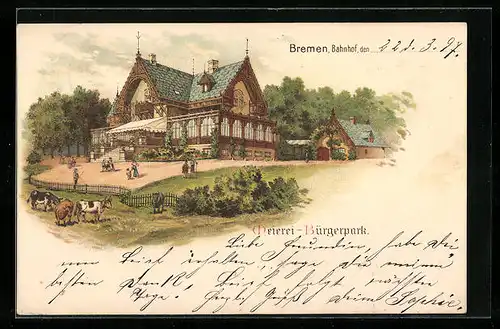 Lithographie Bremen, Dreierei-Bürgerpark mit Kuhfeld nebenan