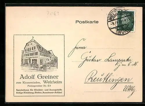 AK Welzheim, Bekleidungsgeschäft Adolf Greiner zum Kronenladen