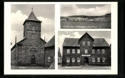 AK Lödingsen /Solling, Kirche, Gesamtansicht, Gasthof-Freiboth