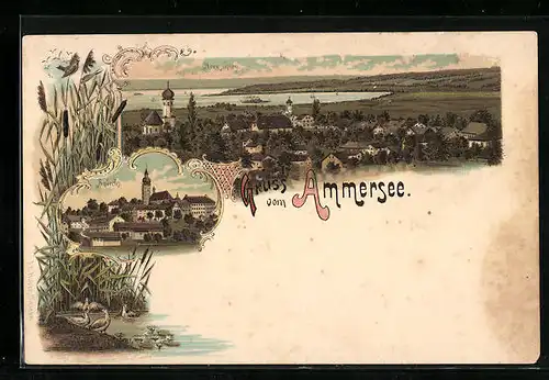 Lithographie Herrsching a. Ammersee, Ortsansicht mit Uferpartie, Andechs