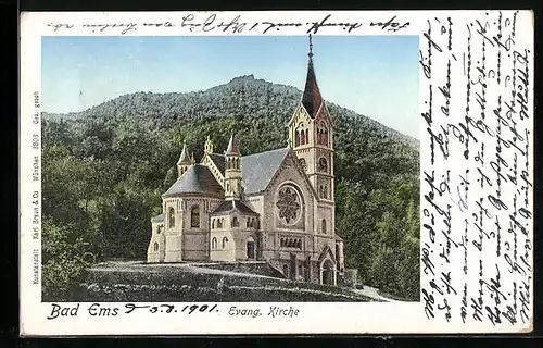 Goldfenster-AK Bad Ems, Evang. Kirche mit leuchtenden Fenstern