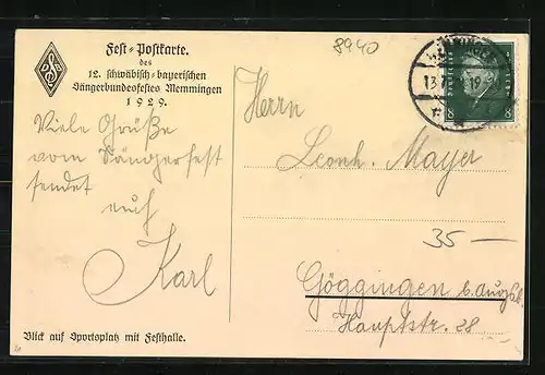 AK Memmingen, 12. Schwäbisch-Bayerischen Sängerbundesfest 1929, Festhalle