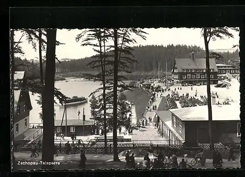 AK Zschopau, Talsperre mit Häusern und Dampfer