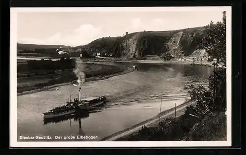 AK Diesbar-Seusslitz, Der grosse Elbebogen, Dampfer