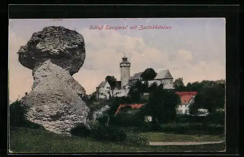 AK Wonsees, Schloss Sanspareil mit Drei Zschokkefelsen