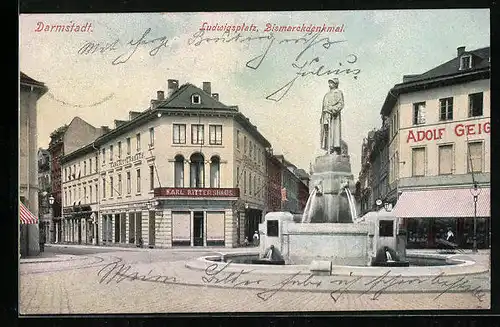 AK Darmstadt, Ludwigsplatz mit Bismarchdenkmal