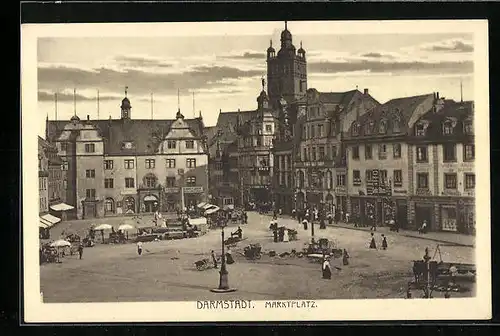 AK Darmstadt, Verkaufsstände aud dem Marktplatz