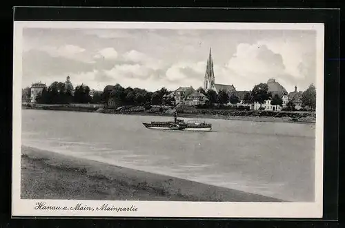 AK Hanau a. Main, Mainpartie mit Dampfer