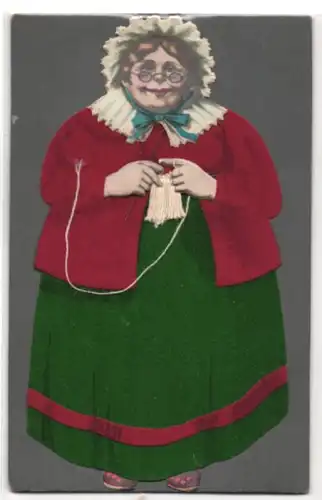 Filz-AK Gemütliche ältere Dame beim Stricken trägt ein Filzkleid