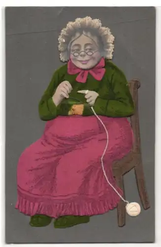 Filz-AK Gemütliche ältere Dame auf einem Stuhl beim Stricken