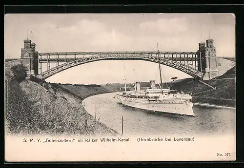 AK SMY Hohenzollern im Kaiser Wilhelm-Kanal, Hochbrücke bei Levensau