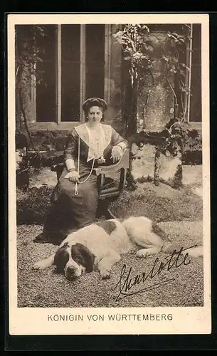 AK Charlotte von Württemberg mit Bernhardiner im Garten