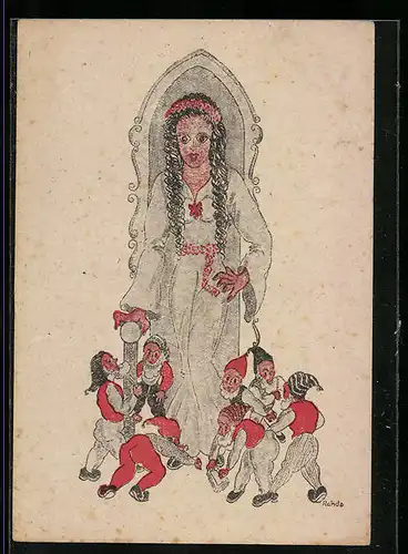 Künstler-AK Schneewittchen und die sieben Zwerge