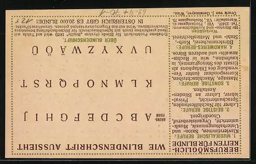 Präge-AK Wohlfahrtskarte des I. Österreichischen Blindenvereins, Alphabet in Blindenschrift