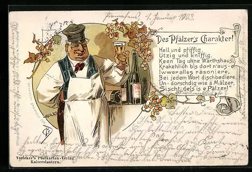 Lithographie Des Pfälzer`s Charakter, Scherz, Winzer, Wein