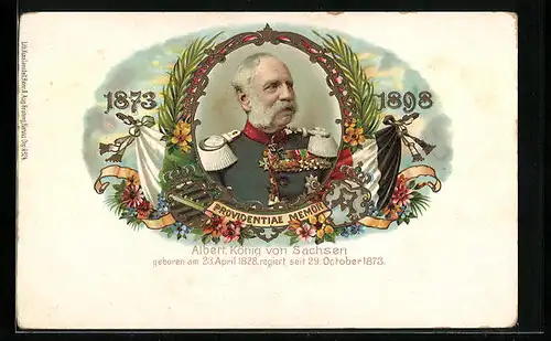 Lithographie Porträtbild von König Albert von Sachsen in Uniform, Fahne