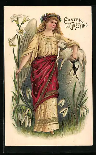AK Osterengel mit Lamm und weisser Lilie
