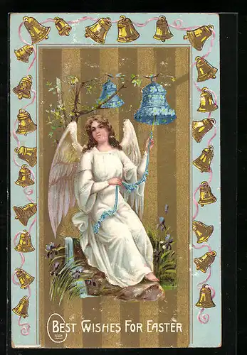 AK Osterengel läutet die Glocke aus Vergissmeinnicht