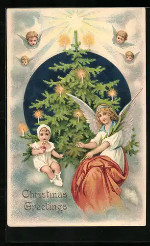 AK Weihnachtsengel mit Tannenbaum
