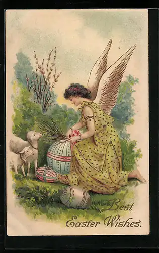 AK Osterengel mit Lämmern und Ostereiern