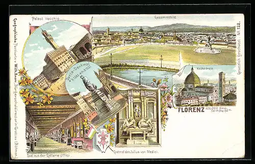 Lithographie Florenz, Palazzo veccio, Dante-Denkmal, Gesamtansicht, Kathedrale