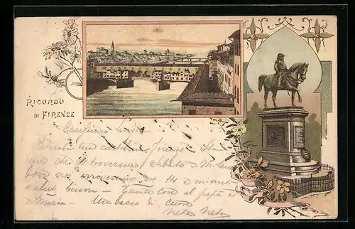 Lithographie Firenze, Brücke im Ort, Denkmal