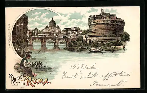 Lithographie Roma, Teilansicht mit Tiber