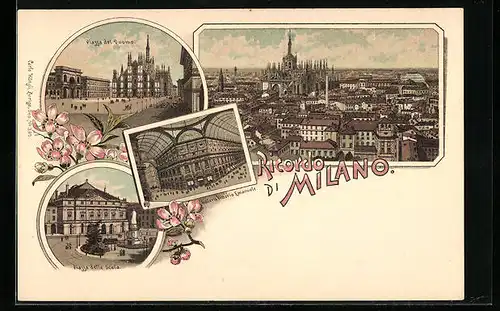 Lithographie Milano, Piazza del Duomo, Piazza della Scala, Galleria Vittorio Emanuele