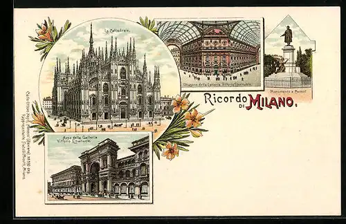 Lithographie Milano / Mailand, La Cattedrale, Arco de Galleria Vittorio Emanuele, Monumento a Cavour