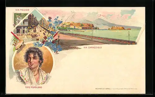 Lithographie Napoli, Via Caracciolo, Via Toledo, Tipo Popolano