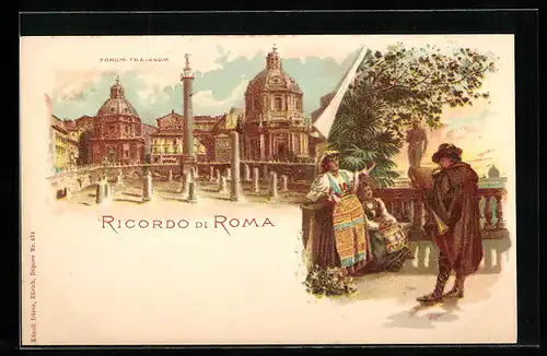 Lithographie Rom, Am Forum Traianum, Trachten