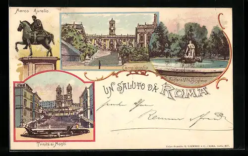 Lithographie Roma, Fontana Villa Borghese, Campidoglio