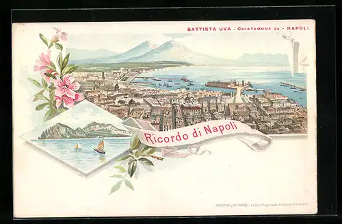 Lithographie Neapel, Ortsansicht mit Meeresblick und Vesuv