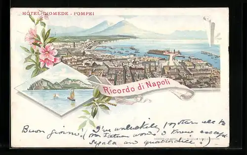 Lithographie Neapel, Ortsansicht mit Hafen und Vesuv