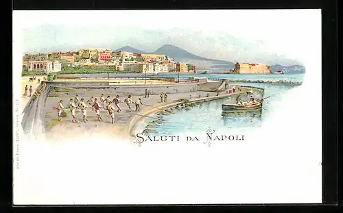 Lithographie Neapel, Teilansicht mit Stangenfischern am Kai