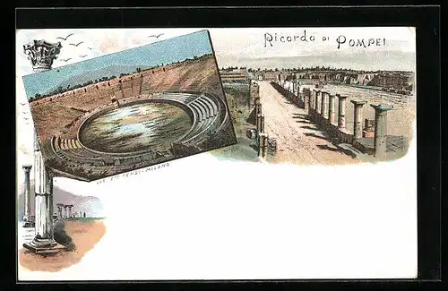Lithographie Pompeji, Strassenpartie, Amphitheater