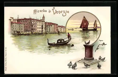 Lithographie Venedig, Gondelpartie mit Uferblick, Tauben
