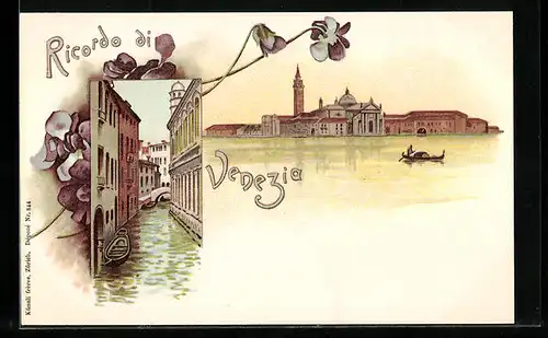 Lithographie Venedig, Panorama mit Gondel, Schmale Wasserstrasse