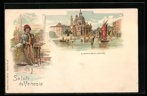 Lithographie Venedig, S. Maria della Salute, Kleiner Fischverkäufer