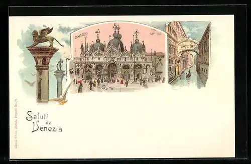 Lithographie Venedig, Markusdom, Gondelpartie