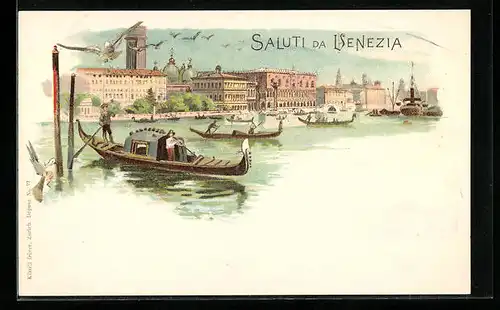 Lithographie Venedig, Gondeln vor Ortspanorama
