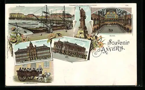 Lithographie Anvers, Les Bassins, Hotel de Ville, Bourse