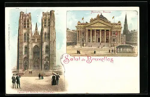 Lithographie Bruxelles, Eglise Ste. Gudule, Nouvelle Bourse