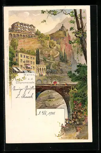 Künstler-AK Hirschmann: Meran, Partie an der Gilfpromenade