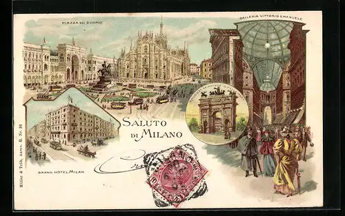 Lithographie Milano, Piazza del Duomo, Grand Hotel Milan
