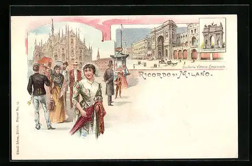 Lithographie Milano, Galleria Vittorio Emanuele, Passanten vor dem Dom