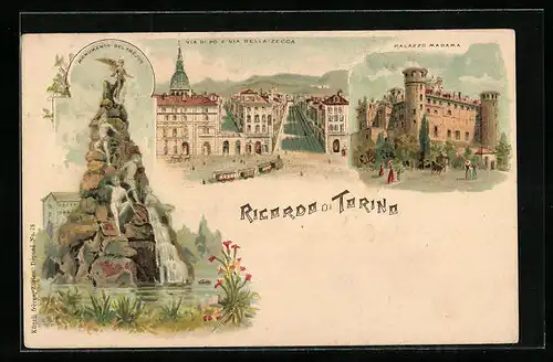 Lithographie Torino, Via di Po e Via della Zecca, Palazzo Madame, Monumento del Frejus