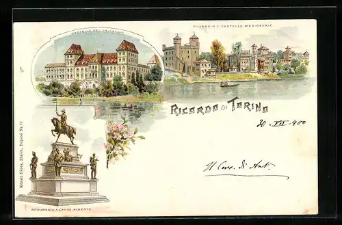 Lithographie Torino, Castellot dell Valentino, Villagio e Castello Medioevale, Monumento a Carlo Alberto