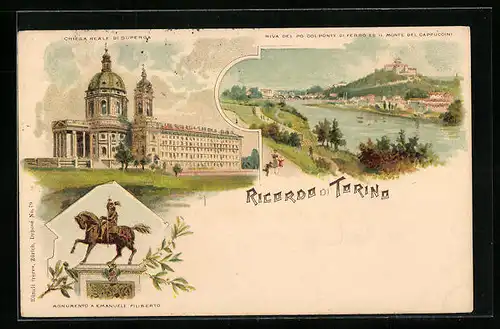 Lithographie Torino, Chiesa Reale di Superga, Riva del Po colponte die Ferro ed il Monte del Cappuccini