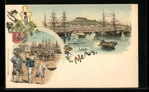 Lithographie Napoli, Porto, Panorama, Wappen